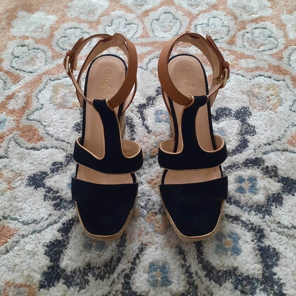 Cole Haan Navy and Tan Espadrille Wedge Sandals